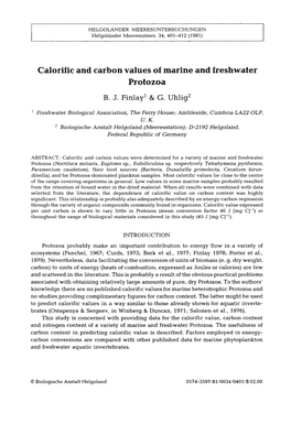 Calorific and Carbon Values of Marine and Freshwater Protozoa