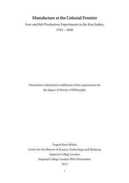 Manufacture at the Colonial Frontier Iron and Salt Production Experiments in the East Indies, 1765 – 1858