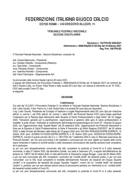 Decisione N. 132/TFN-SD 2020/2021 Deferimento N. 9086/304Pf20-21/GC/Blp Del 16 Febbraio 2021 Reg