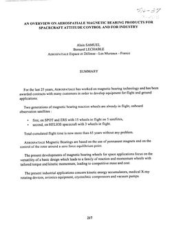 An Overview on Aerospatiale Magnetic Bearing Products for Spacecraft Attitude Control and for Industry