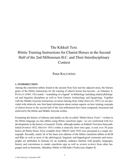 The Kikkuli Text. Hittite Training Instructions for Chariot Horses in the Second Half of the 2Nd Millennium B.C