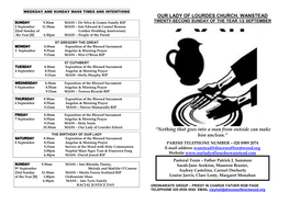 Weekday and Sunday Mass Times and Intentions Our Lady of Lourdes Church, Wanstead