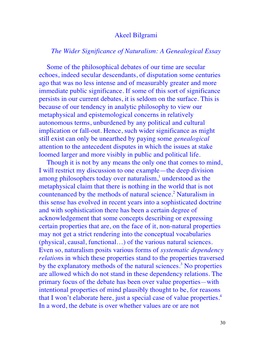 Akeel Bilgrami the Wider Significance of Naturalism: A