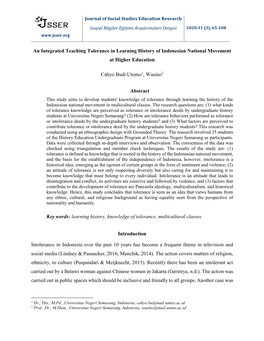 An Integrated Teaching Tolerance in Learning History of Indonesian National Movement at Higher Education