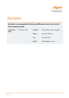 Decision on Consequential Licence Modifications Due to the End of the Transition Period