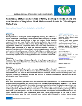 Knowledge, Attitude and Practice of Family Planning Methods Among the Rural Females of Bagbahara Block Mahasamund District in Chhattishgarh State, India