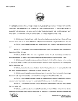 66Th Legislature HB0717 an ACT ESTABLISHING the LOUIS CHARLES CHARLO MEMORIAL HIGHWAY in MISSOULA COUNTY; DIRECTING the DEPARTME