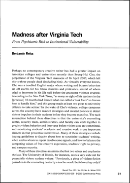 Madness After Virginia Tech from Psychiatric Risk to Institutional Vulnerability