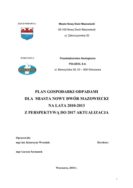 Plan Gospodarki Odpadami Dla Miasta Nowy Dwór Mazowiecki Na Lata 2010-2013 Z Perspektywą Do 2017 Aktualizacja