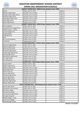 HOUSTON INDEPENDENT SCHOOL DISTRICT SPRING 2021 GRADUATION SCHEDULE BARNETT SENIOR FIELD - 6800 Fairway, Houston, Texas 77087 HSPVA Friday, June 11, 2021 8:00 P.M