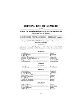 OFFICIAL LIST of MEMBERS of the HOUSE of REPRESENTATIVES of the UNITED STATES and THEIR PLACES of RESIDENCE