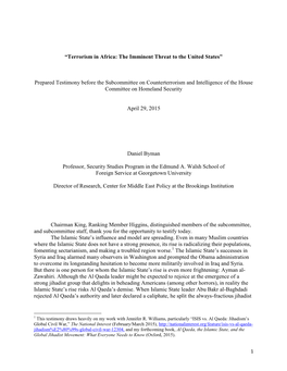 “Terrorism in Africa: the Imminent Threat to the United States” Prepared Testimony Before the Subcommittee on Counterterrori