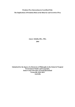 Predator-Prey Interactions in Coral Reef Fish: the Implications of Predation Risk on the Behavior and Growth of Prey
