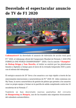 Desvelado El Espectacular Anuncio De TV De F1 2020