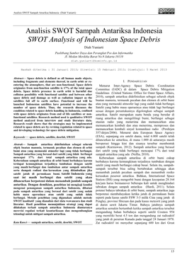 Analisis SWOT Sampah Antariksa Indonesia SWOT Analysis of Indonesian Space Debris Diah Yuniarti Puslitbang Sumber Daya Dan Perangkat Pos Dan Informatika Jl