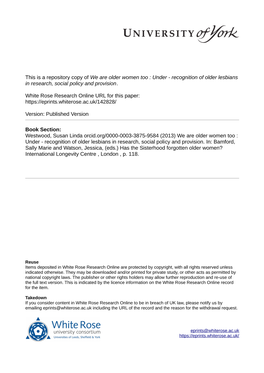 We Are Older Women Too : Under - Recognition of Older Lesbians in Research, Social Policy and Provision