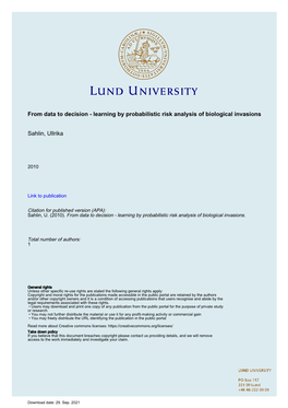 Learning by Probabilistic Risk Analysis of Biological Invasions Sahlin, Ullrika