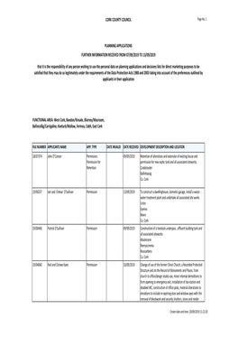 CORK COUNTY COUNCIL PLANNING APPLICATIONS FURTHER INFORMATION RECEIVED from 07/09/2019 to 13/09/2019 That It Is the Responsibili