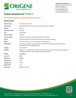 NPTX2 (NM 002523) Human Recombinant Protein Product Data