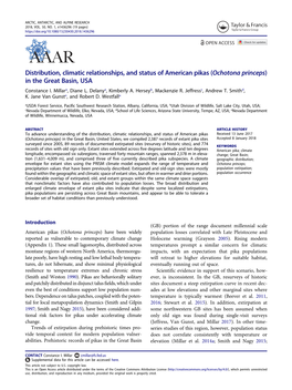 Distribution, Climatic Relationships, and Status of American Pikas (Ochotona Princeps) in the Great Basin, USA Constance I