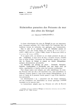 Helminthes Parasites Des Poissons De Mer Des Côtes Du Sénégal