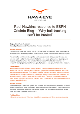 Paul Hawkins Response to ESPN Cricinfo Blog – 'Why Ball-Tracking Can'