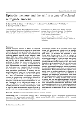 Episodic Memory and the Self in a Case of Isolated Retrograde Amnesia