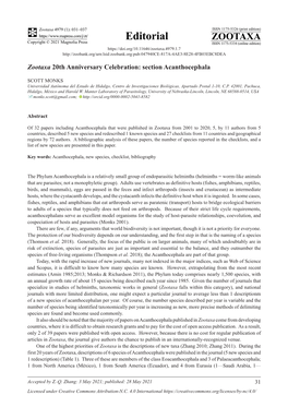 Zootaxa 20Th Anniversary Celebration: Section Acanthocephala