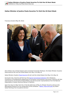 Italian Minister of Justice Paola Severino to Visit the US Next Week Published on Iitaly.Org (