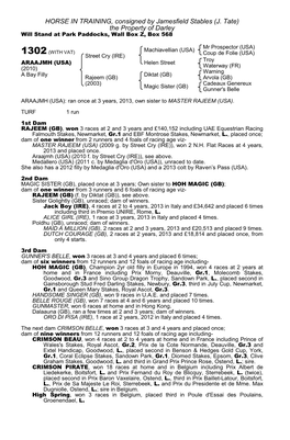 J. Tate) the Property of Darley Will Stand at Park Paddocks, Wall Box Z, Box 568