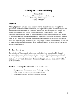 History of Steel Processing Andrew Ruble Department of Materials Science & Engineering University of Washington Seattle, WA 98195