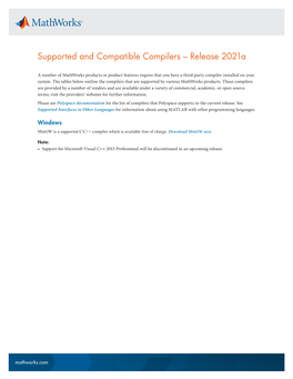Supported and Compatible Compilers – Release 2021A
