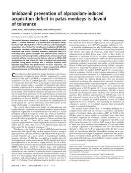 Imidazenil Prevention of Alprazolam-Induced Acquisition Deficit in Patas Monkeys Is Devoid of Tolerance