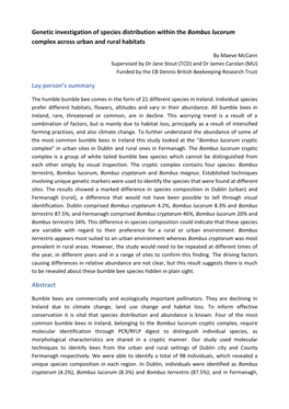 Genetic Investigation of Species Distribution Within the Bombus Lucorum Complex Across Urban and Rural Habitats Lay Person's S