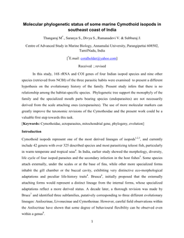 Molecular Phylogenetic Status of Some Marine Cymothoid Isopods in Southeast Coast of India