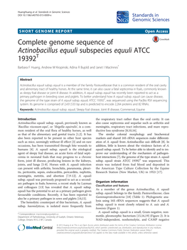 Actinobacillus Equuli Subspecies Equuli ATCC 19392T Barbara F Huang, Andrew M Kropinski, Adina R Bujold and Janet I Macinnes*