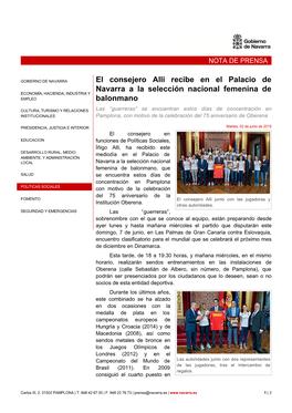 El Consejero Alli Recibe En El Palacio De Navarra a La Selección Nacional Femenina De ECONOMÍA, HACIENDA, INDUSTRIA Y EMPLEO Balonmano