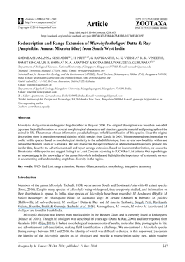 Redescription and Range Extension of Microhyla Sholigari Dutta & Ray