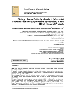 Biology of Anar Butterfly: Deudorix (Virachola) Isocrates Fabricius (Lepidoptera: Lycaenidae) in Mid Hill of Himachal Pradesh