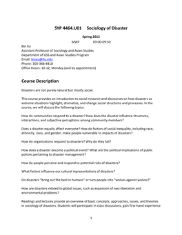 SYP 4464.U01 Sociology of Disaster Course Description