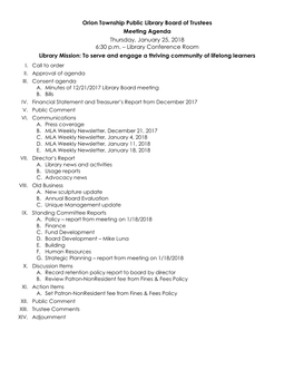 Orion Township Public Library Board of Trustees Meeting Agenda Thursday, January 25, 2018 6:30 P.M