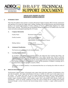 DRAFT TECHNICAL SUPPORT DOCUMENT: Air Quality Division: Rosemont Copper Company: Air Quality Control Permit #55223