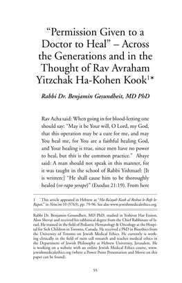 Permission Given to a Doctor to Heal” – Across the Generations and in the Thought of Rav Avraham Yitzchak Ha-Kohen Kook1*