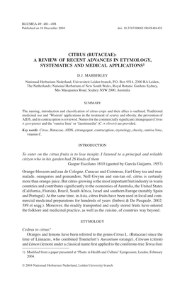 Citrus (Rutaceae): a Review of Recent Advances in Etymology, Systematics and Medical Applications1