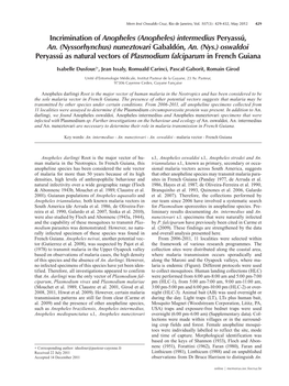 (Nyssorhynchus) Nuneztovari Gabaldón, An. (Nys.) Oswaldoi Peryassú As Natural Vectors of Plasmodium Falciparum in French Guiana