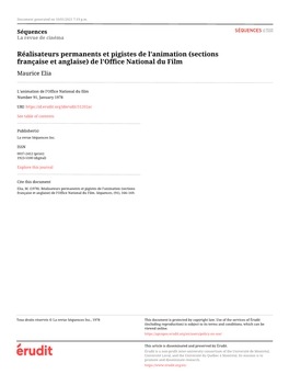 Réalisateurs Permanents Et Pigistes De L'animation (Sections Française Et Anglaise) De L'office National Du Film