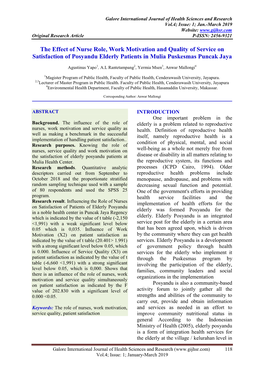 The Effect of Nurse Role, Work Motivation and Quality of Service on Satisfaction of Posyandu Elderly Patients in Mulia Puskesmas Puncak Jaya