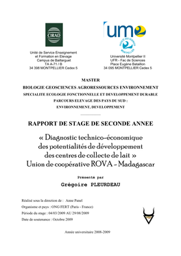 Diagnostic Technico-Économique Des Potentialités De Développement Des Centres De Collecte De Lait » Union De Coopérative ROVA - Madagascar