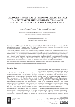 Geotourism Potential of the Drawskie Lake District As a Support for the Planned Geopark Named Postglacial Land of the Drawa and Dębnica Rivers