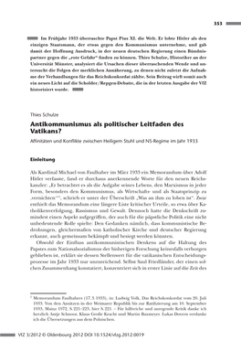 Antikommunismus Als Politischer Leitfaden Des Vatikans?­ Affinitäten Und Konflikte Zwischen Heiligem Stuhl Und NS-Regime Im Jahr 1933